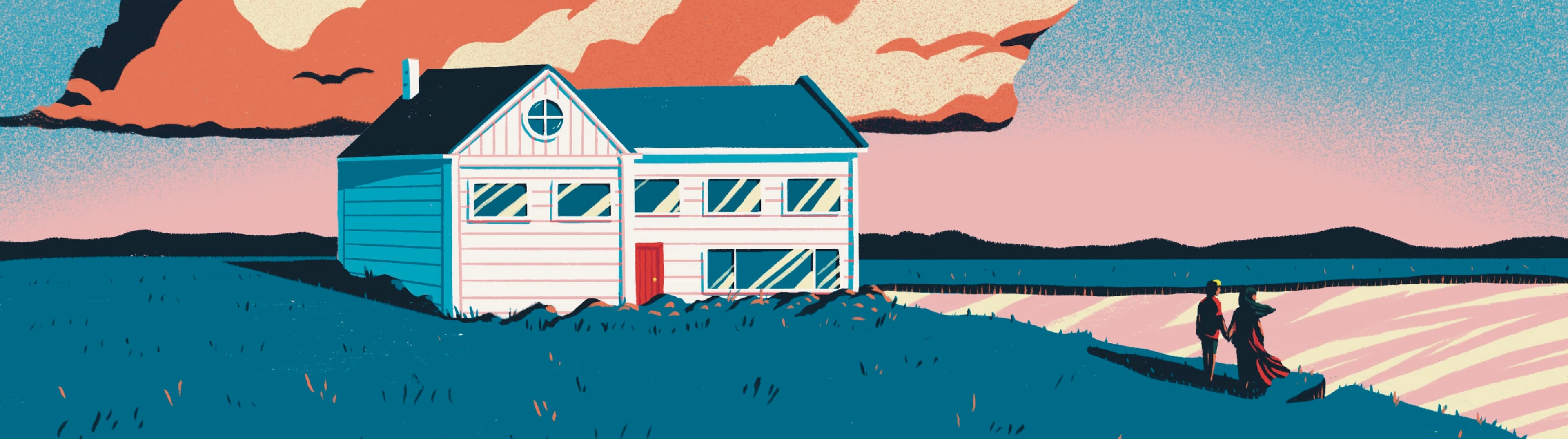 Illustration banner of a house near a lake with a couple watching the sunset by Jason Dejaegere